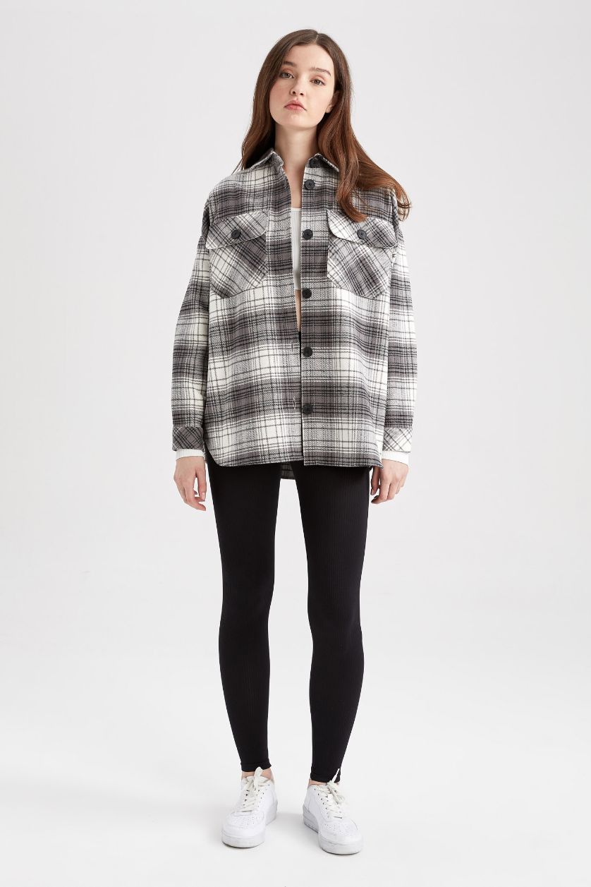 Woman Black Shirt Collar Checked Flannel Long Sleeve Tunic