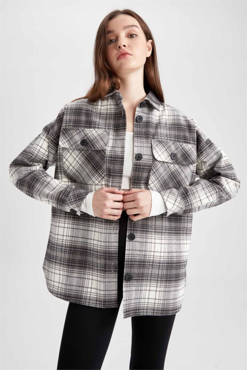 Woman Black Shirt Collar Checked Flannel Long Sleeve Tunic
