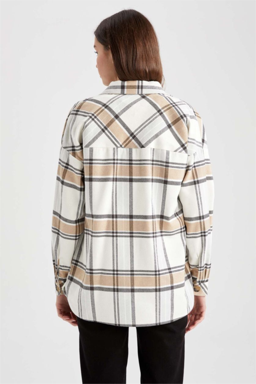 نساء رمادي فاتح تونيك كاروهات كم طويل وياقة قميص