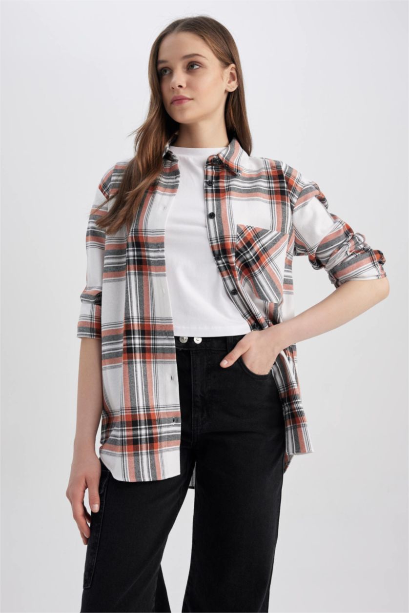 Woman Coral Coool Oversize Fit Checkered Long Sleeve Flannel Shirt