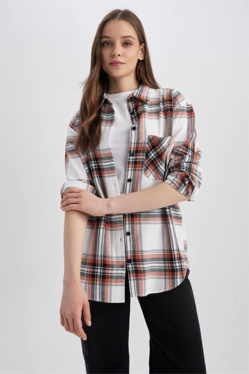 Woman Coral Coool Oversize Fit Checkered Long Sleeve Flannel Shirt
