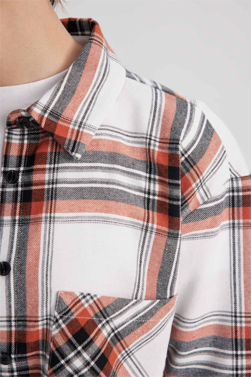 Woman Coral Coool Oversize Fit Checkered Long Sleeve Flannel Shirt