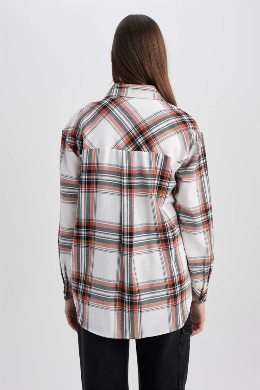 Woman Coral Coool Oversize Fit Checkered Long Sleeve Flannel Shirt