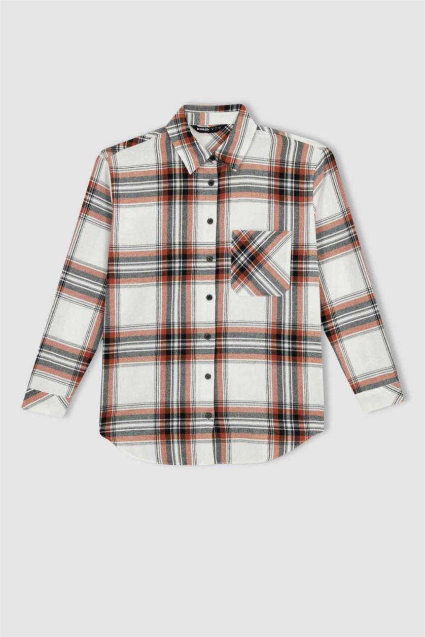 Woman Coral Coool Oversize Fit Checkered Long Sleeve Flannel Shirt