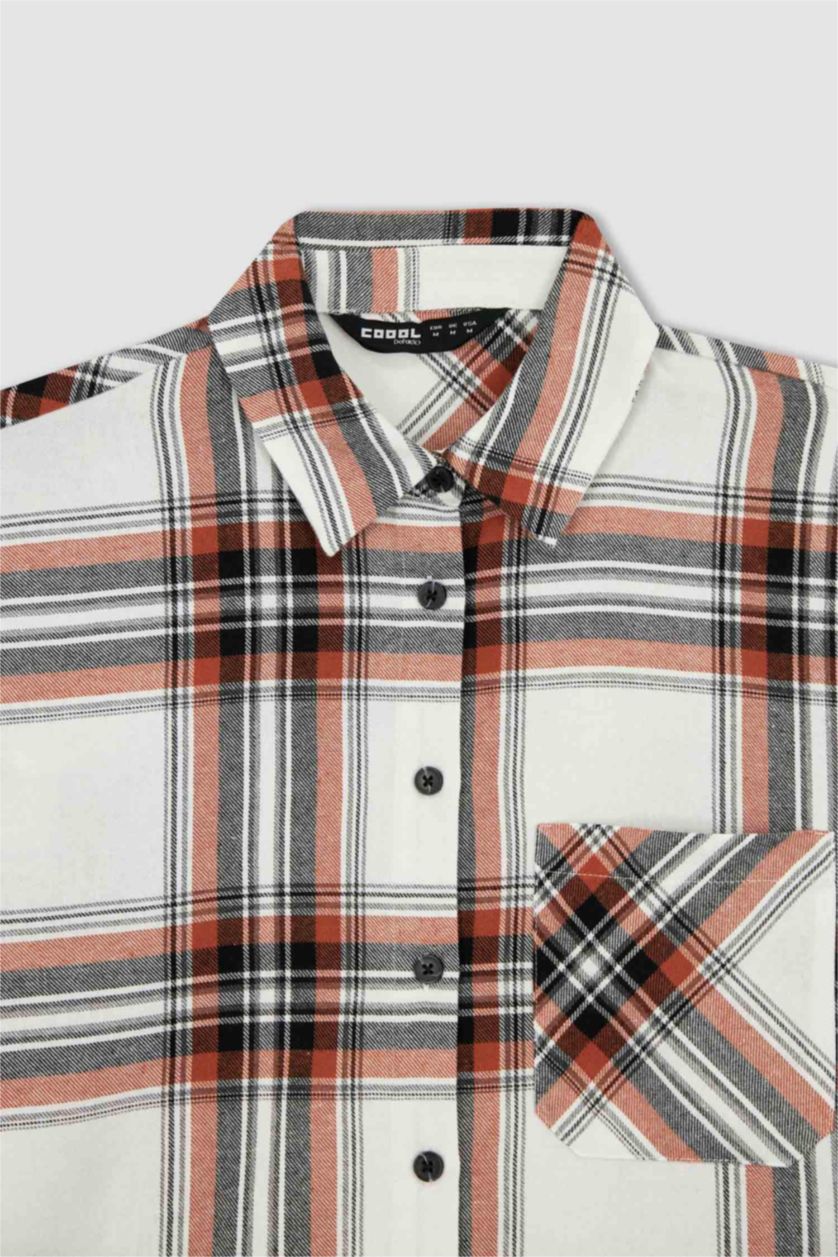 Woman Coral Coool Oversize Fit Checkered Long Sleeve Flannel Shirt