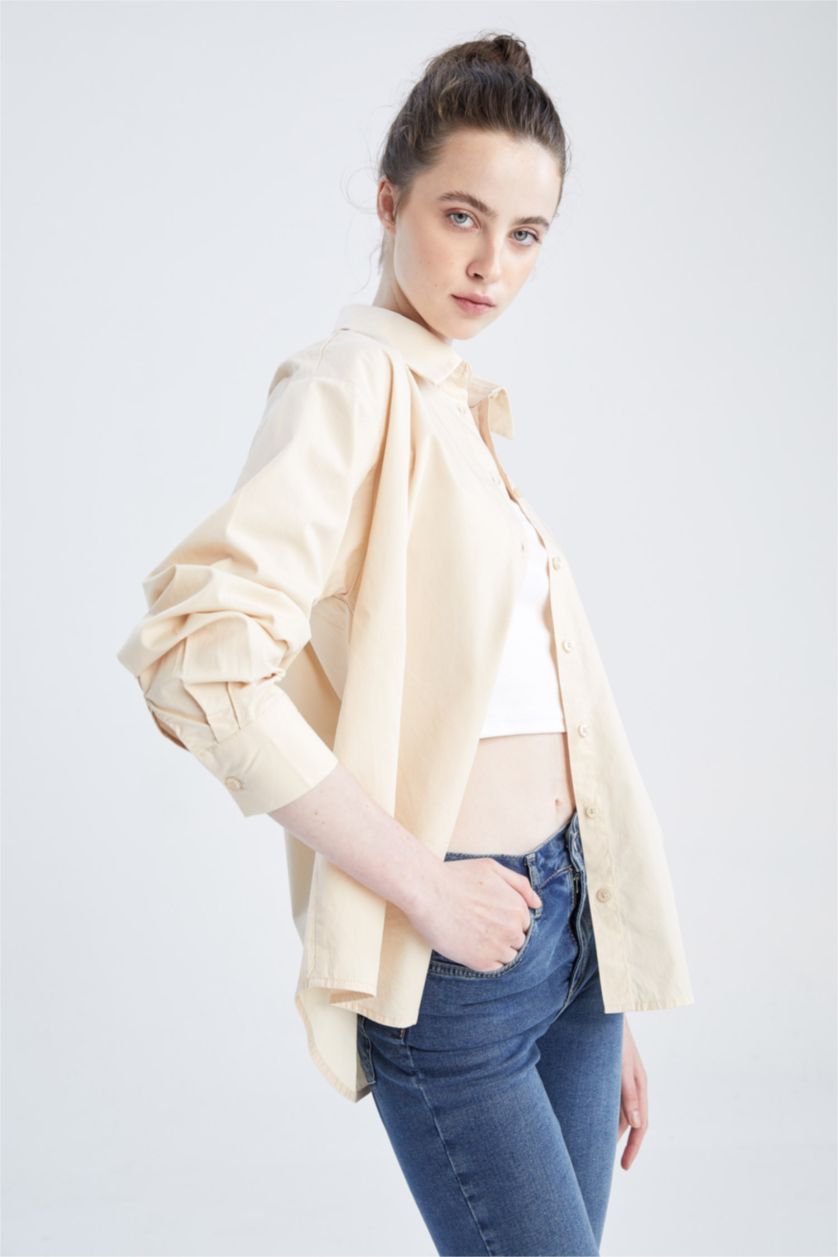 FEMME Beige Chemises à manches longues Popeline Col De Chemise Une poche