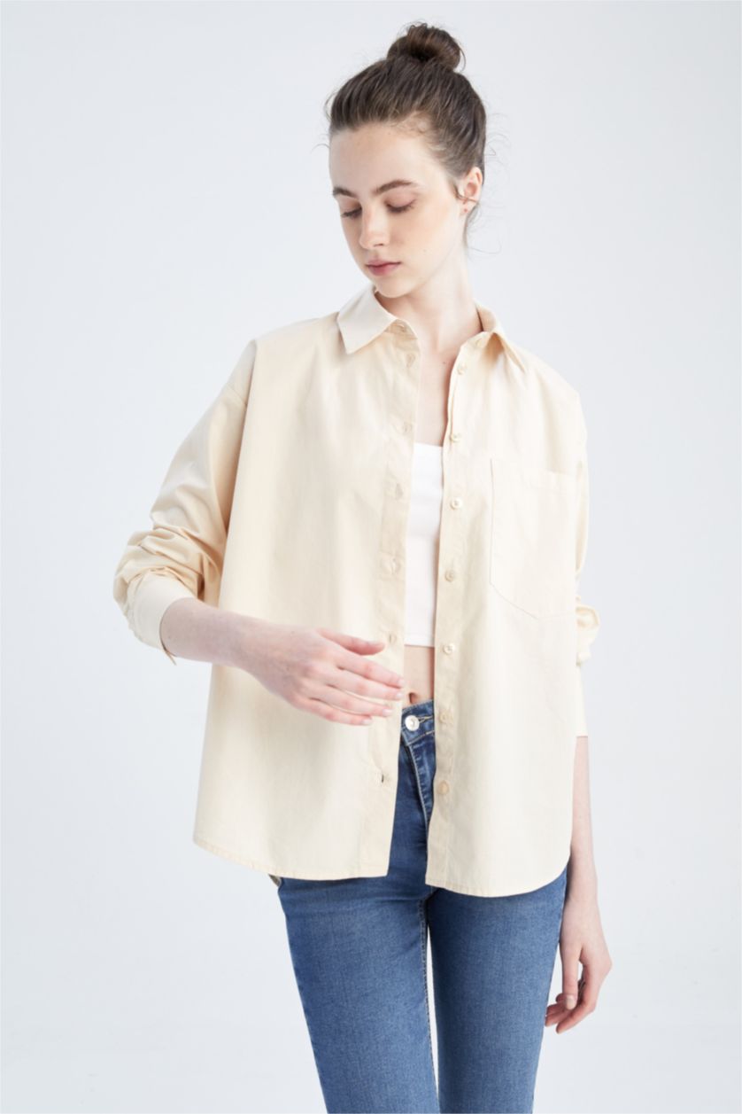 FEMME Beige Chemises à manches longues Popeline Col De Chemise Une poche