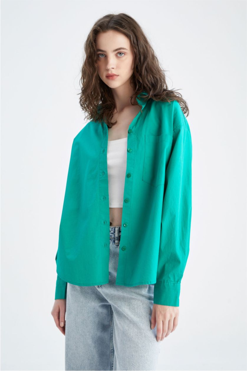 FEMME Vert Chemises à manches longues Popeline Col De Chemise Une poche