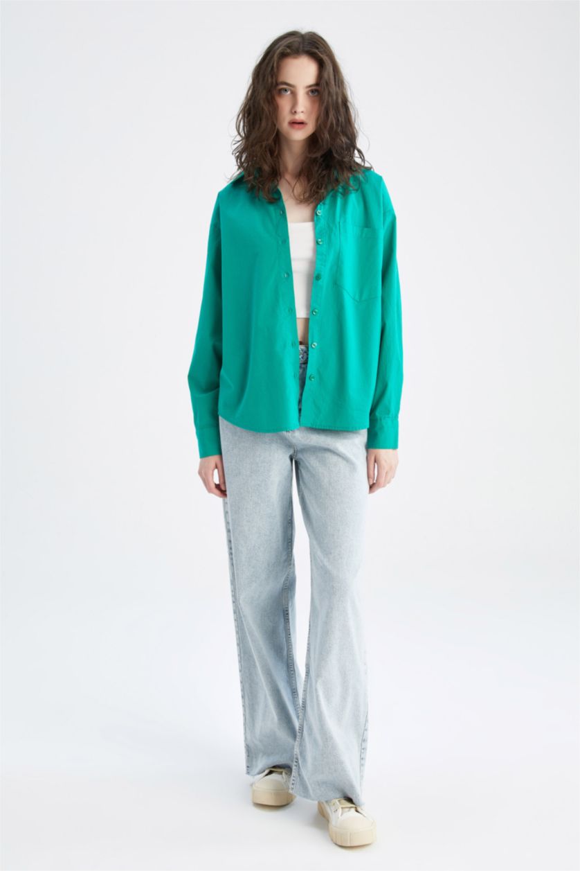 FEMME Vert Chemises à manches longues Popeline Col De Chemise Une poche