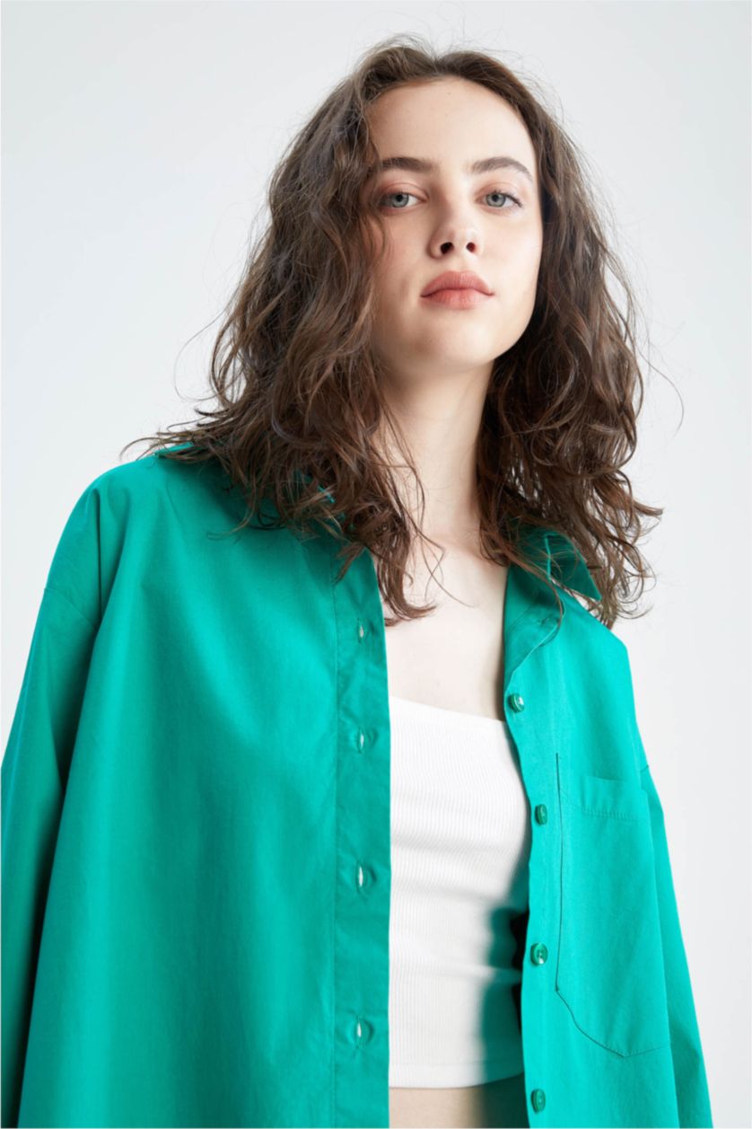 FEMME Vert Chemises à manches longues Popeline Col De Chemise Une poche