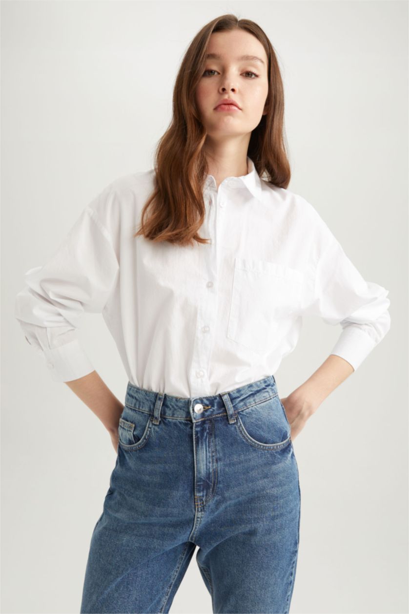 نساء أبيض قميص قطن بوبلين اوفر سايز باكمام طويلة