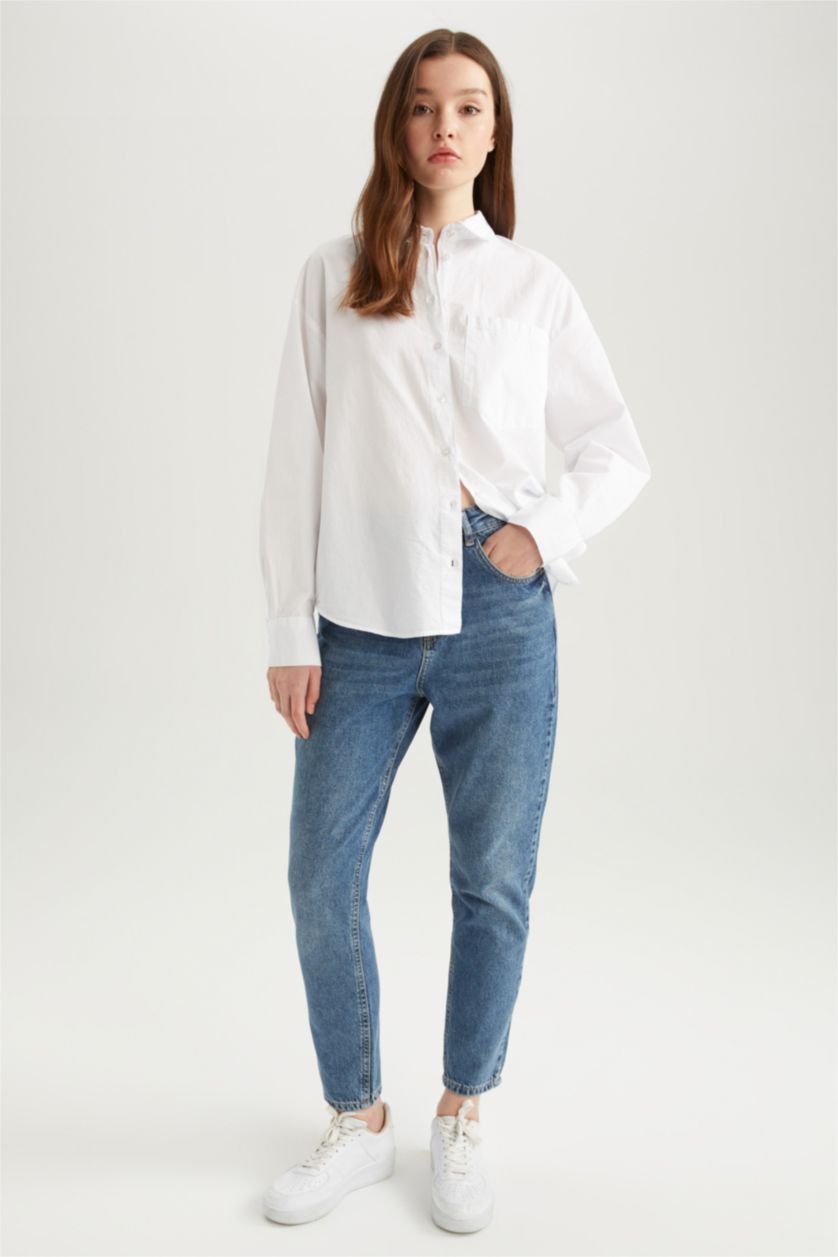 نساء أبيض قميص قطن بوبلين اوفر سايز باكمام طويلة