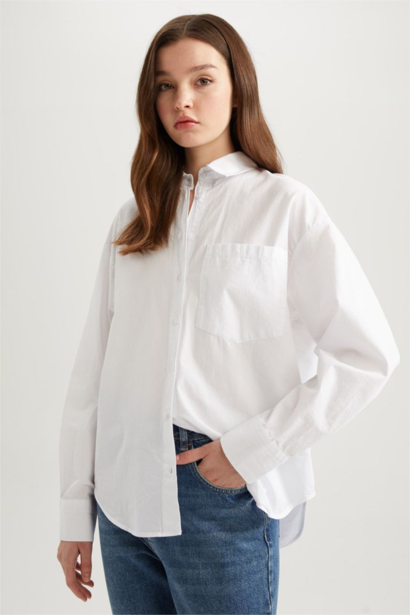 نساء أبيض قميص قطن بوبلين اوفر سايز باكمام طويلة