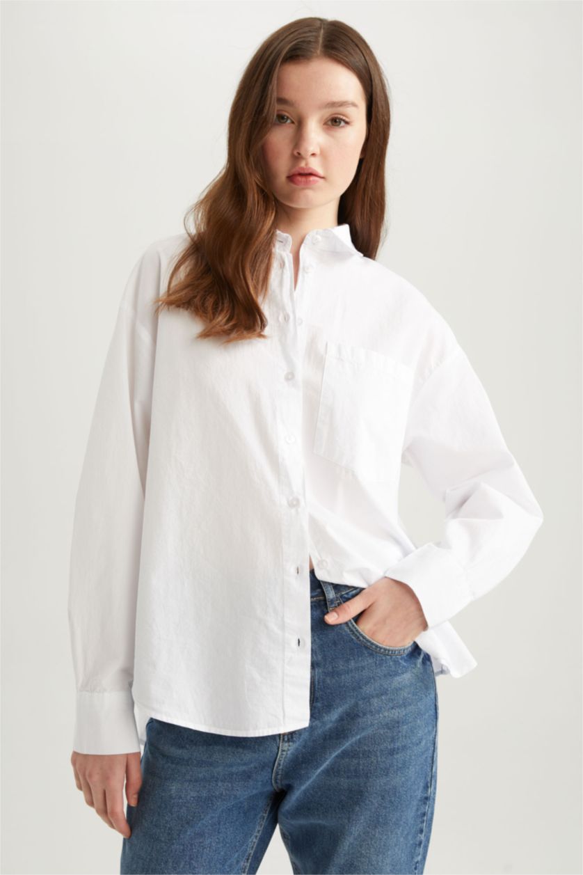 نساء أبيض قميص قطن بوبلين اوفر سايز باكمام طويلة