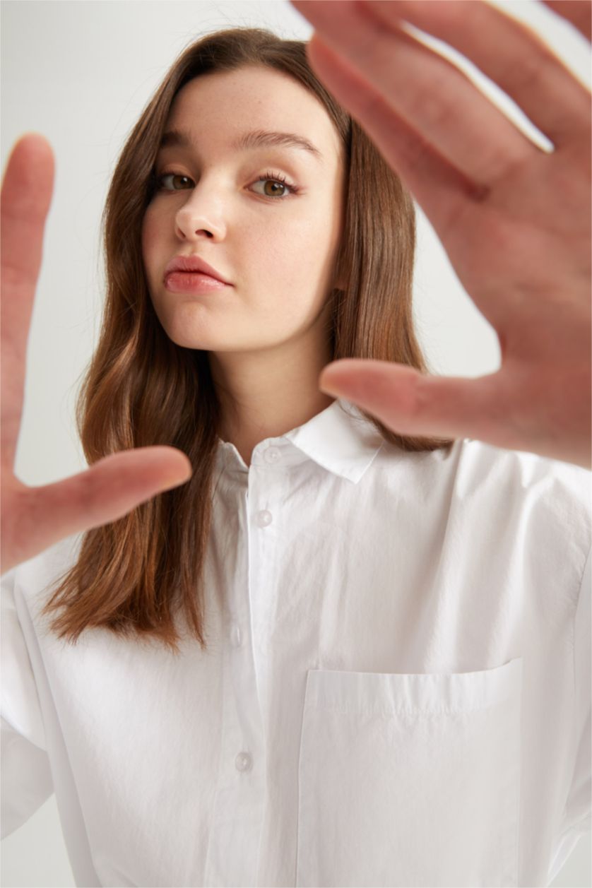 نساء أبيض قميص قطن بوبلين اوفر سايز باكمام طويلة