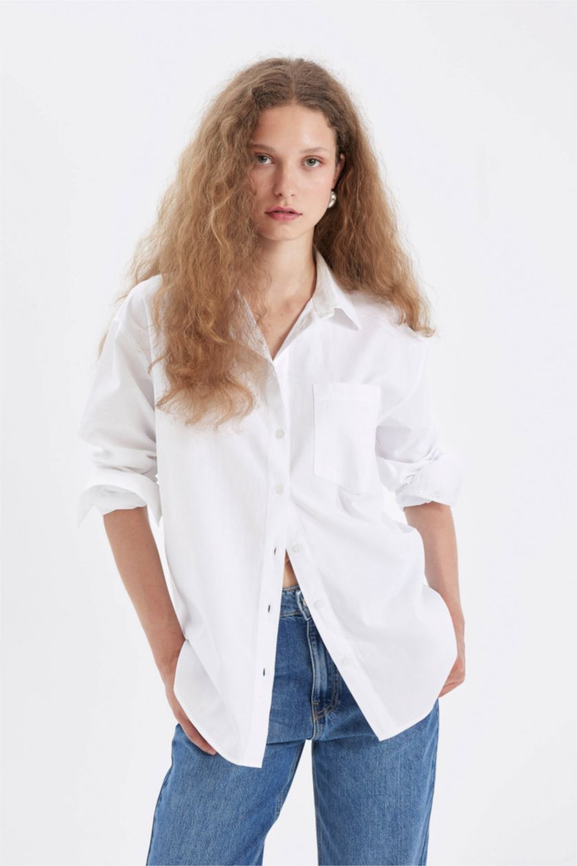 Kadın Violet Beyaz Oversıze Basıc Düğmeli Poplin Gömlek