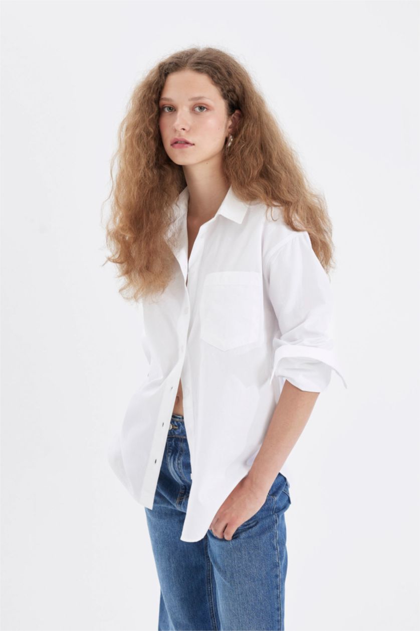 Kadın Violet Beyaz Oversıze Basıc Düğmeli Poplin Gömlek