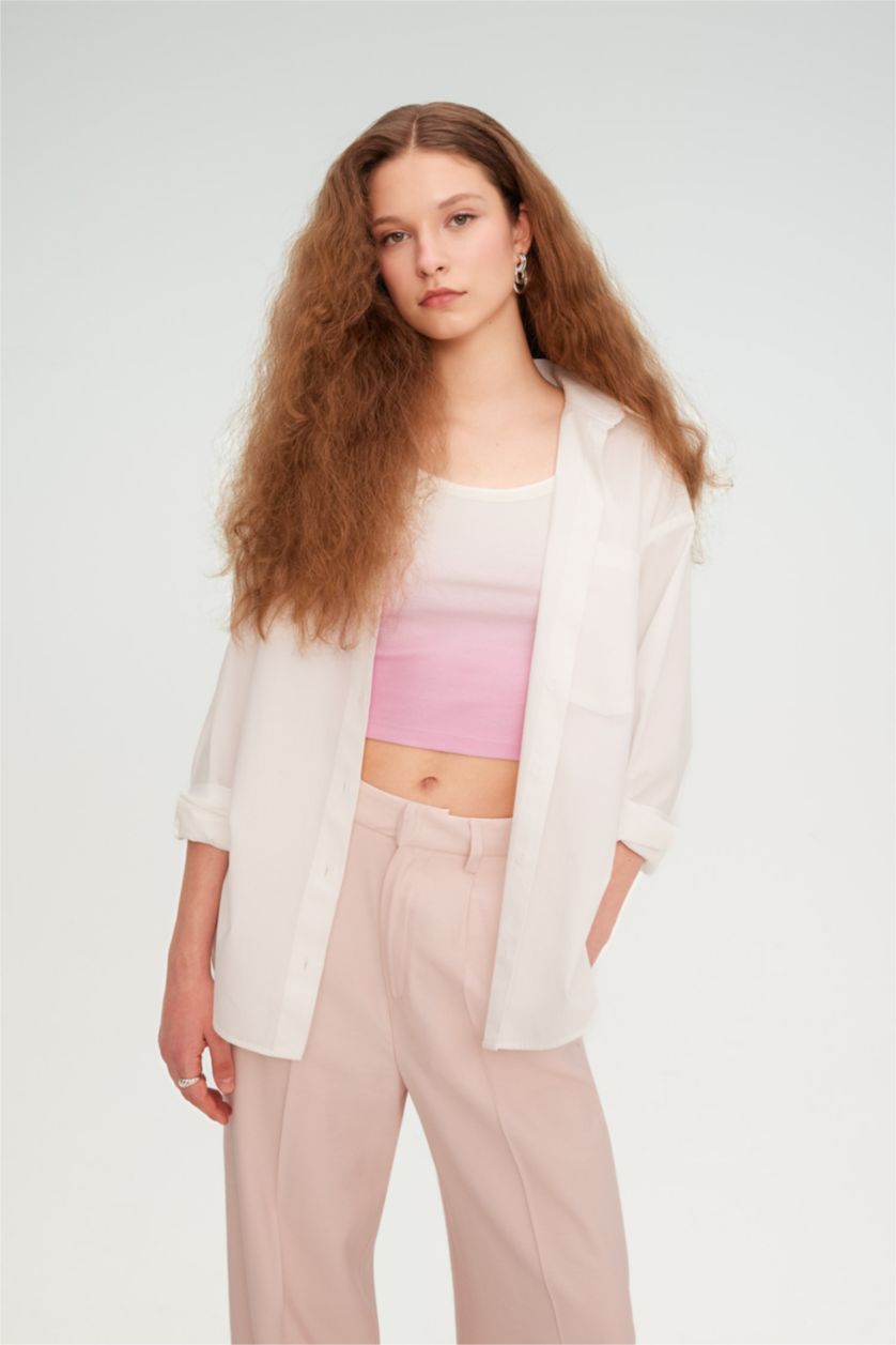 FEMME Blanc Chemise Oversize Popeline à Col Boutonné Manches Longues