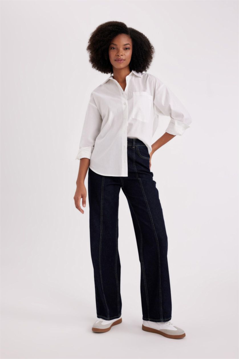 FEMME Blanc Chemise Oversize Popeline à Col Boutonné Manches Longues