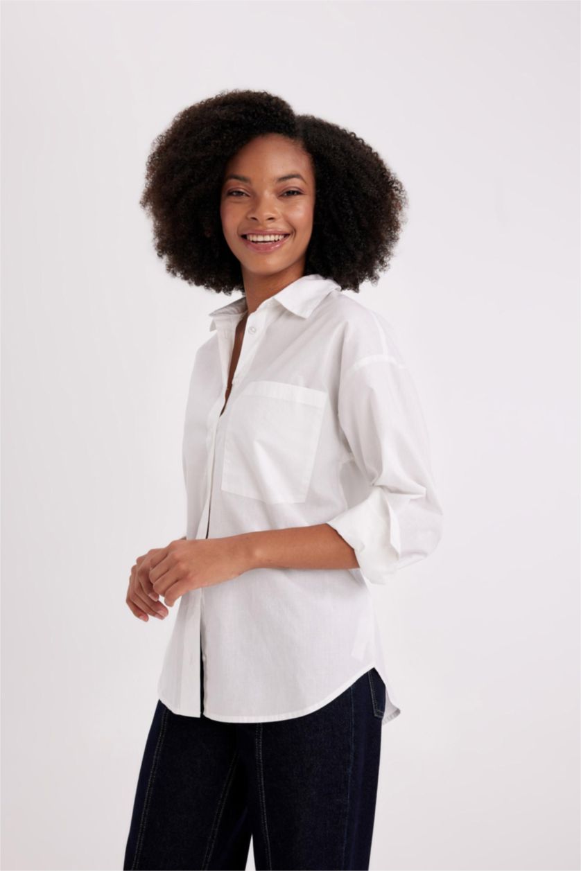 FEMME Blanc Chemise Oversize Popeline à Col Boutonné Manches Longues
