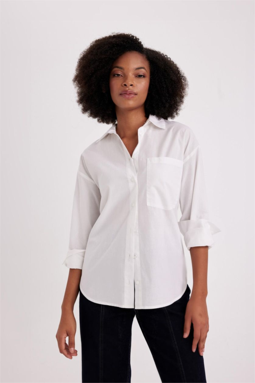 FEMME Blanc Chemise Oversize Popeline à Col Boutonné Manches Longues