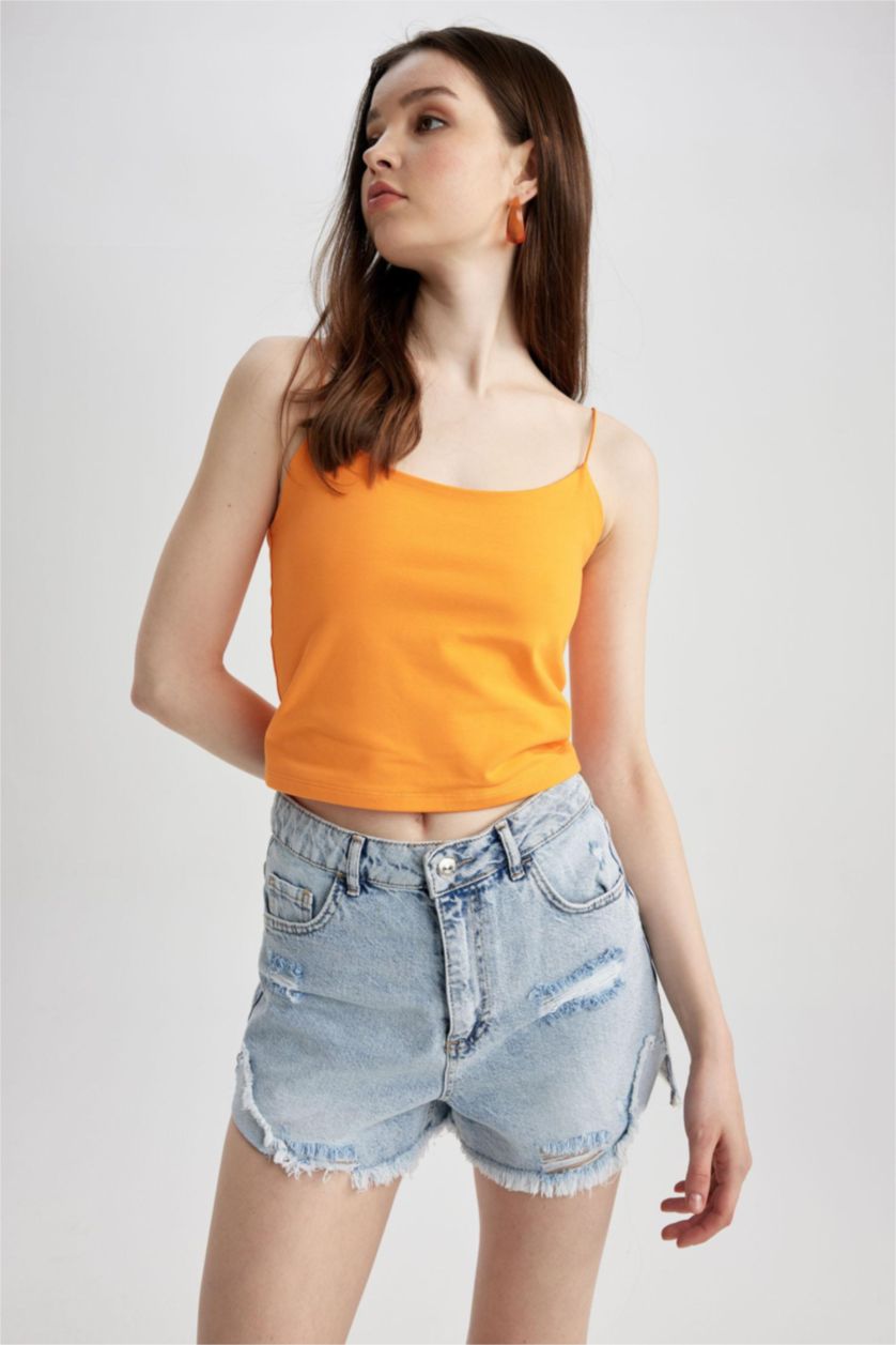 WOMAN Orange Slim Fit Elastic String Strap Cotton Crop Top