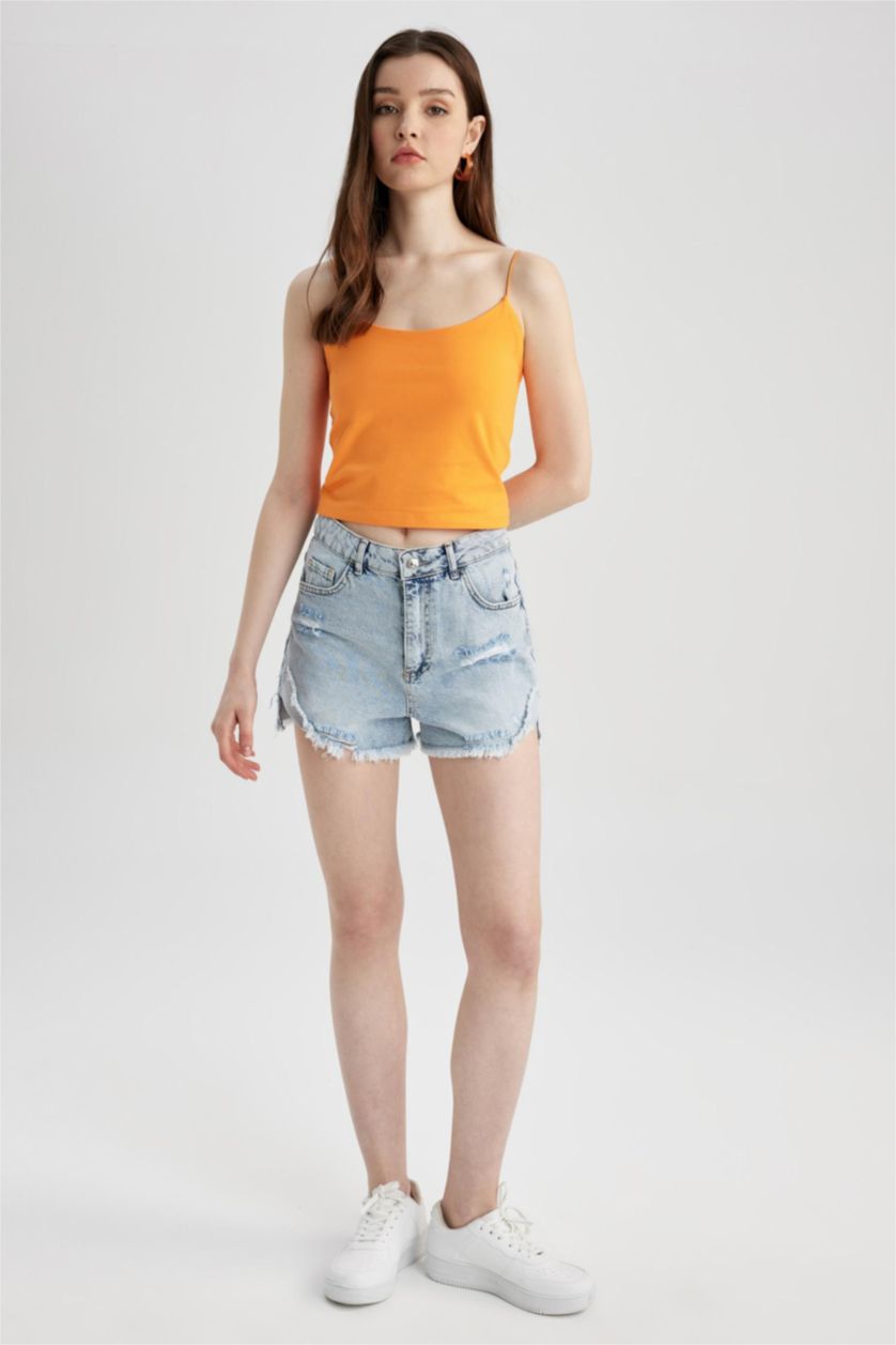 WOMAN Orange Slim Fit Elastic String Strap Cotton Crop Top