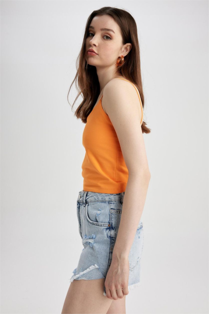 WOMAN Orange Slim Fit Elastic String Strap Cotton Crop Top