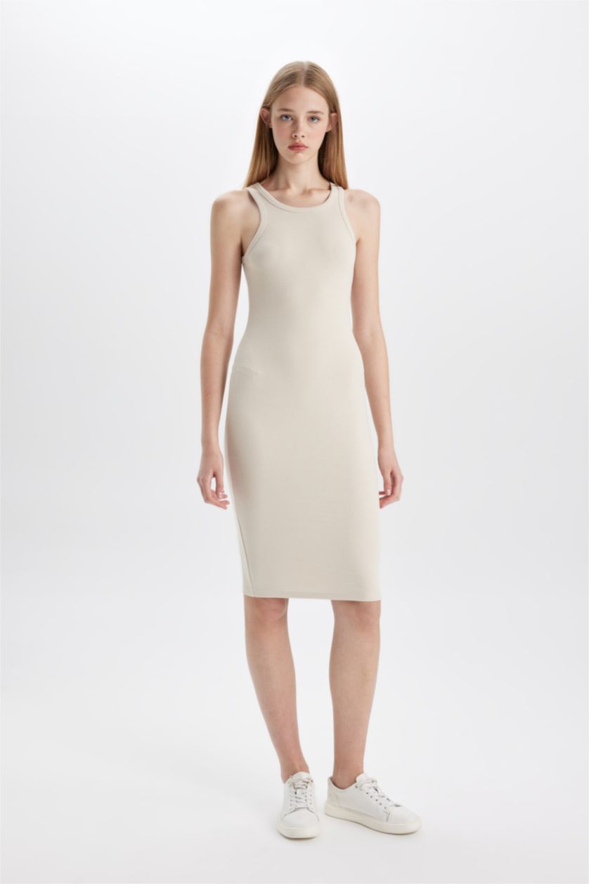 Woman Stone Bodycon Halter Neck Ribbed Sleeveless Midi Dress