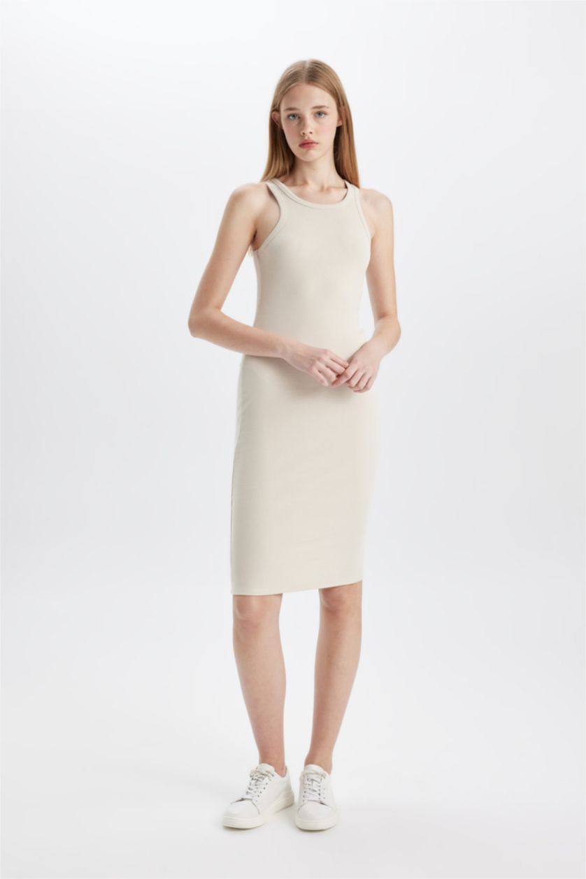 Woman Stone Bodycon Halter Neck Ribbed Sleeveless Midi Dress