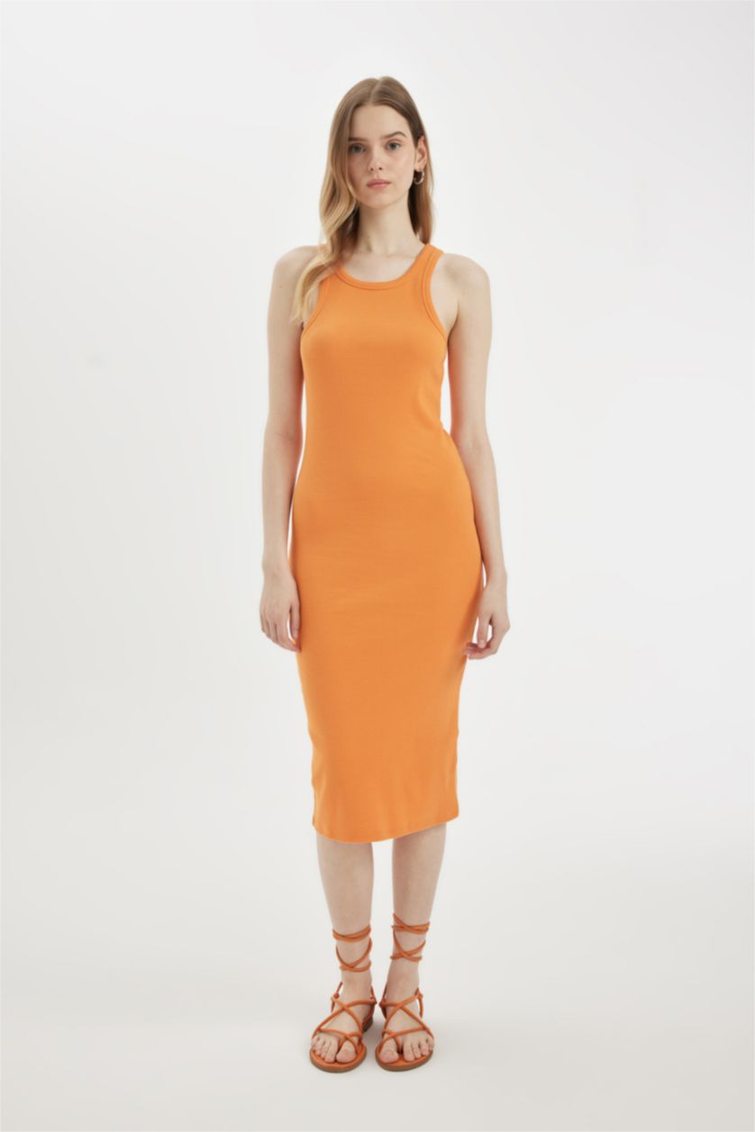 نساء برتقالي فستان ميدي نص ردن مضلع بوديكون بياخة رسن