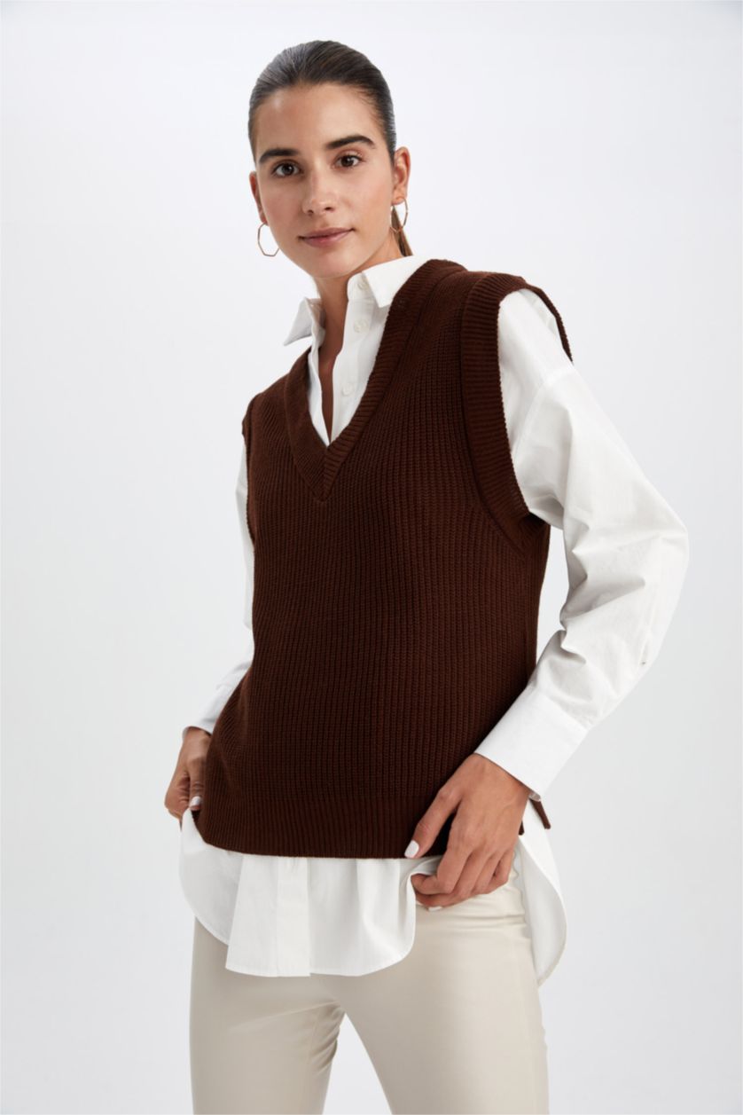 WOMAN Brown Regular Fit V-Neck