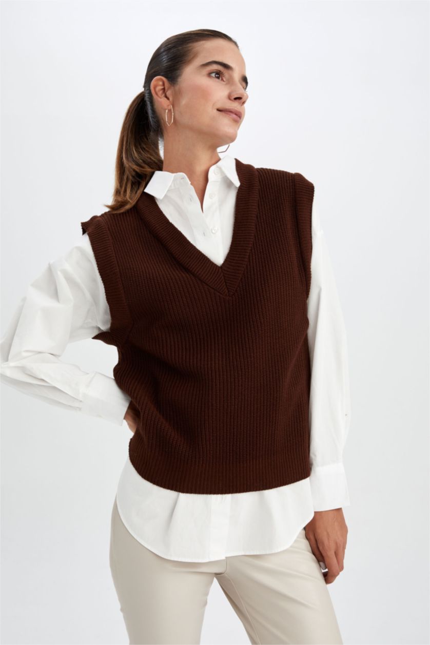 WOMAN Brown Regular Fit V-Neck