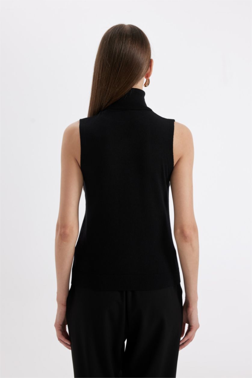 Kadın Siyah Siyah Regular Fit Balıkçı Yaka Kolsuz Basic Düz Triko Kazak
