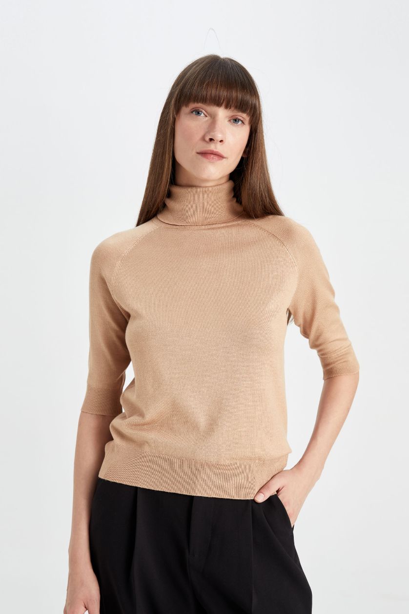 WOMAN Camel Regular Fit Turtleneck Basic Pulover