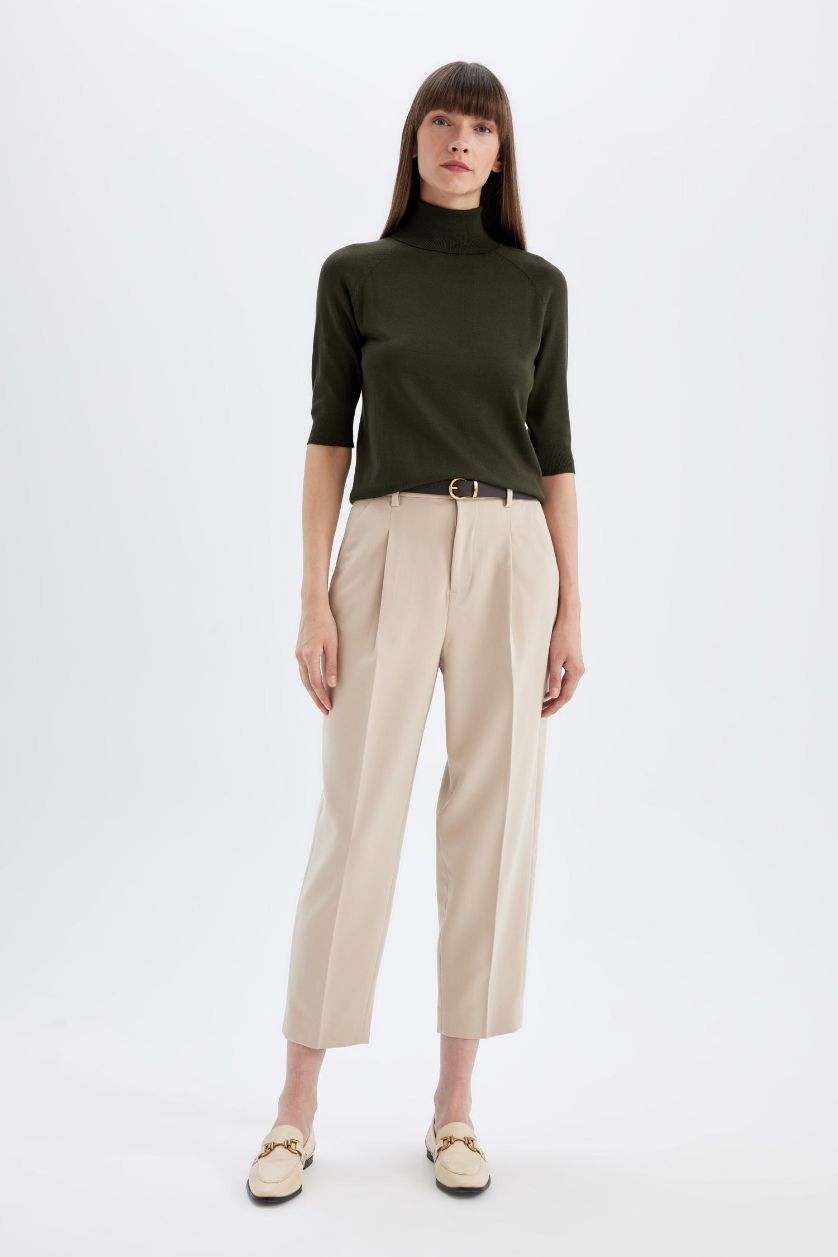 Kadın Haki Regular Fit Balıkçı Yaka Yarım Kol Basic Düz Triko Kazak