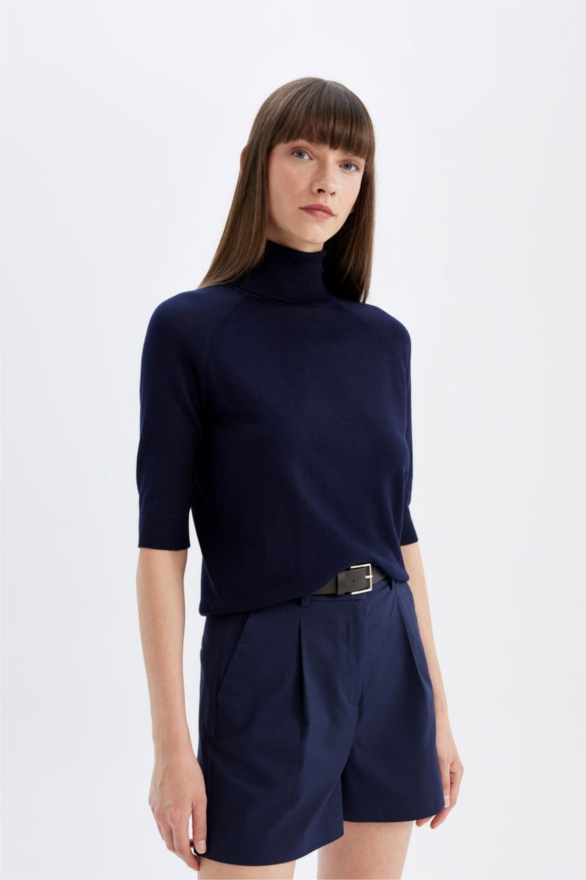 حريمي كحلي بلوفر تريكو بيزك سادة قصة عادية هاي كول