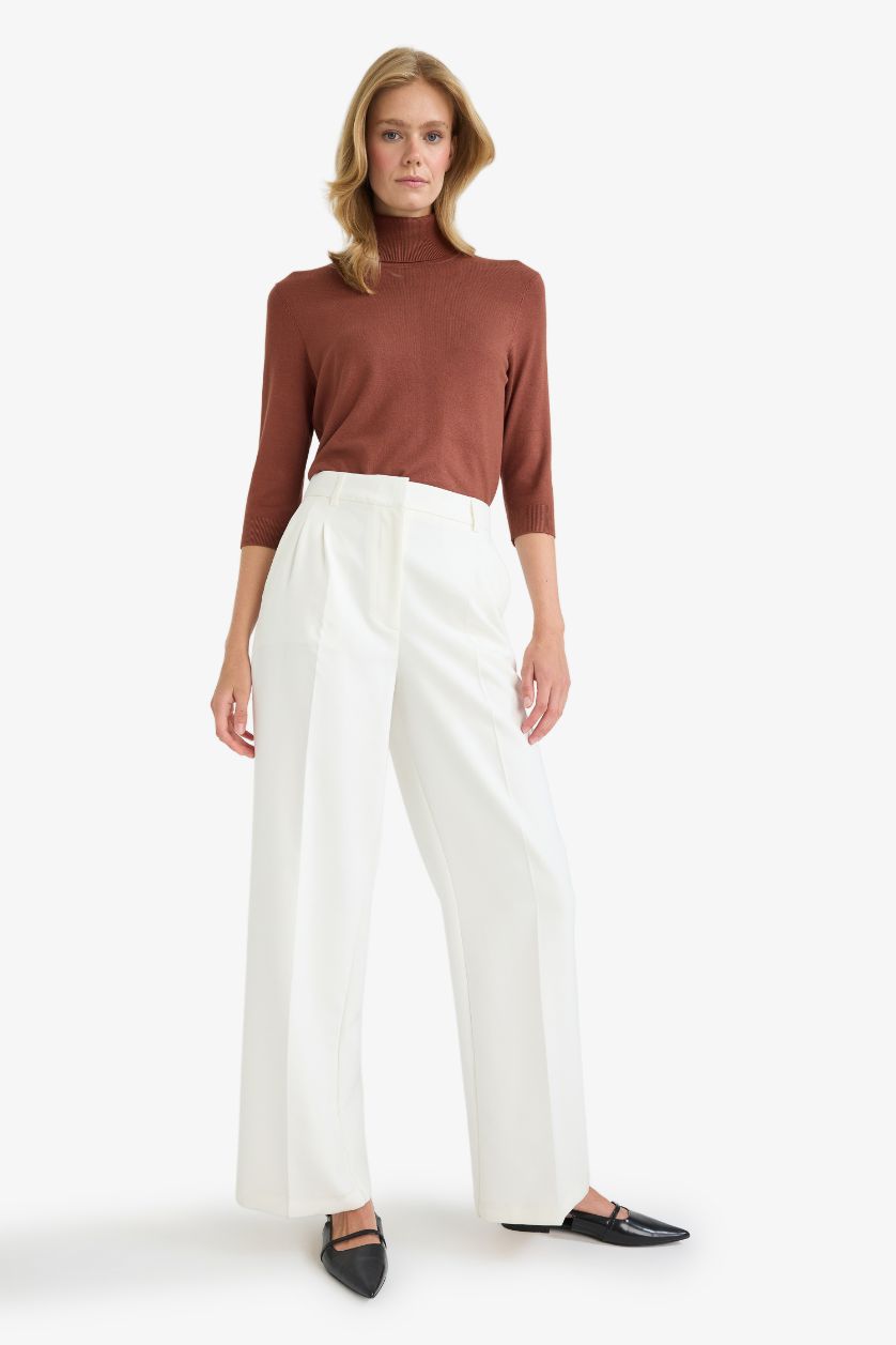 Kadın Kahve Regular Fit Balıkçı Yaka Yarım Kol Basic Düz Triko Kazak