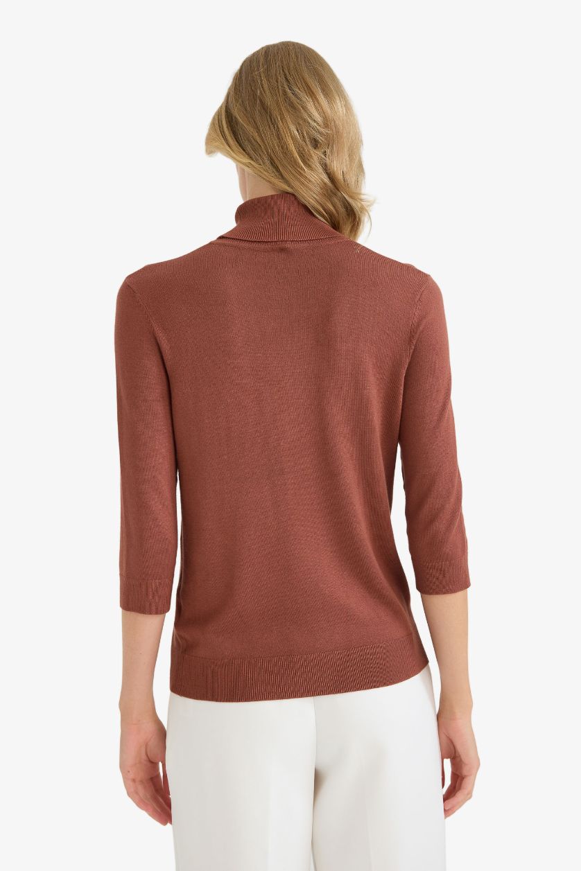 Kadın Kahve Regular Fit Balıkçı Yaka Yarım Kol Basic Düz Triko Kazak