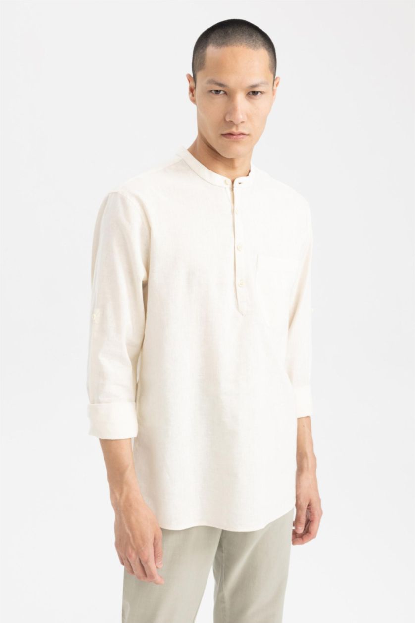 HOMME Sade Ekru Chemises à manches longues Coupe slim raccourcie Col montant