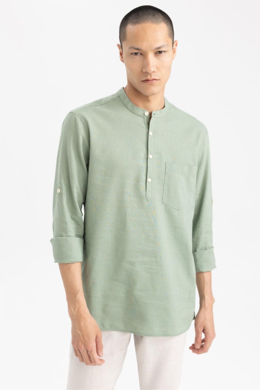 HOMME Kaki Clair Chemises à manches longues Coupe slim raccourcie Col montant