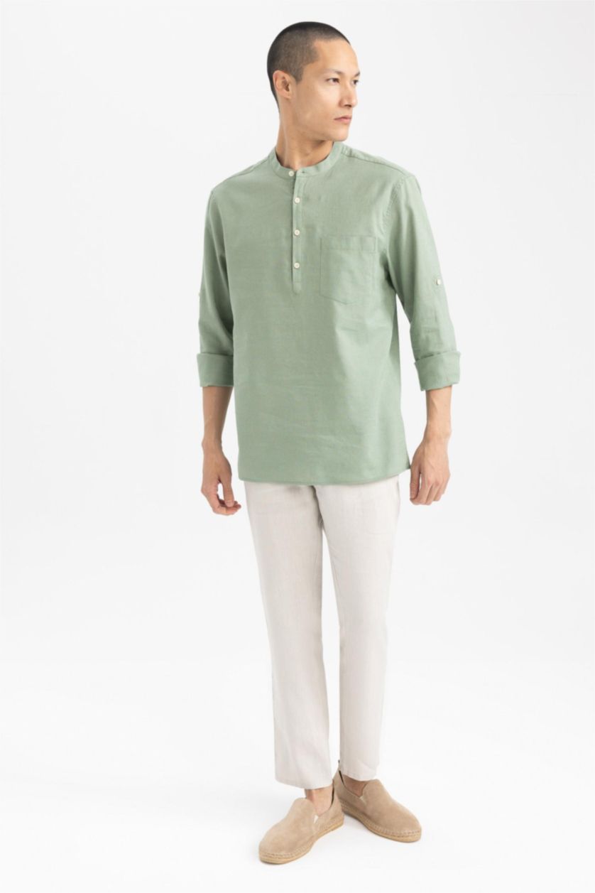 HOMME Kaki Clair Chemises à manches longues Coupe slim raccourcie Col montant