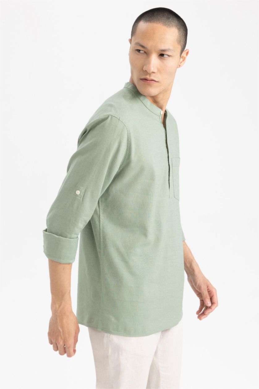 HOMME Kaki Clair Chemises à manches longues Coupe slim raccourcie Col montant