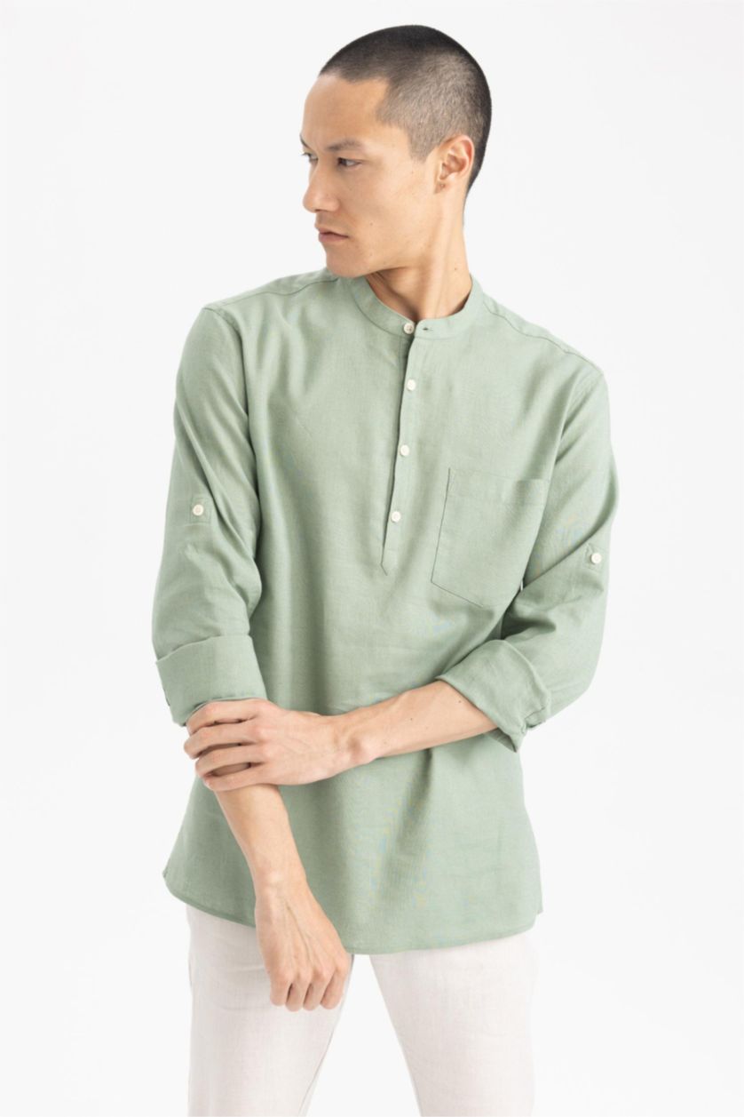 HOMME Kaki Clair Chemises à manches longues Coupe slim raccourcie Col montant