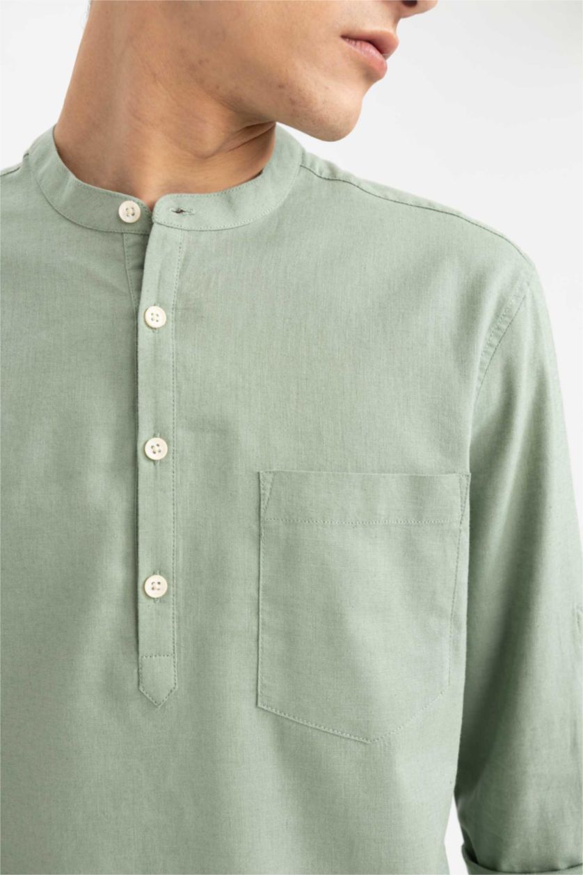 HOMME Kaki Clair Chemises à manches longues Coupe slim raccourcie Col montant
