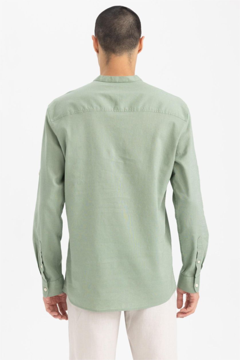 HOMME Kaki Clair Chemises à manches longues Coupe slim raccourcie Col montant