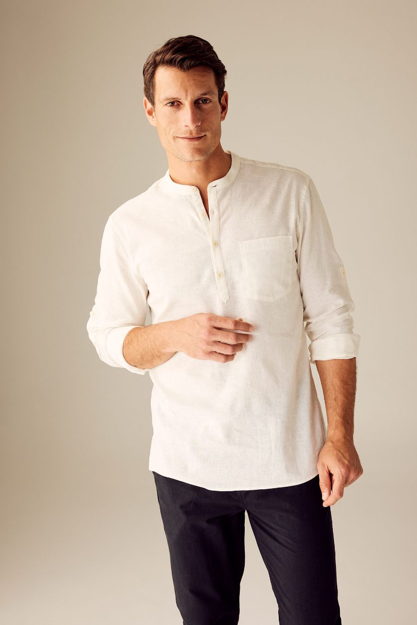 MAN White Slim Fit Dog Collar Cotton Long Sleeve Shirt