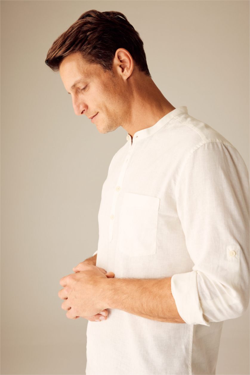 MAN White Slim Fit Dog Collar Cotton Long Sleeve Shirt