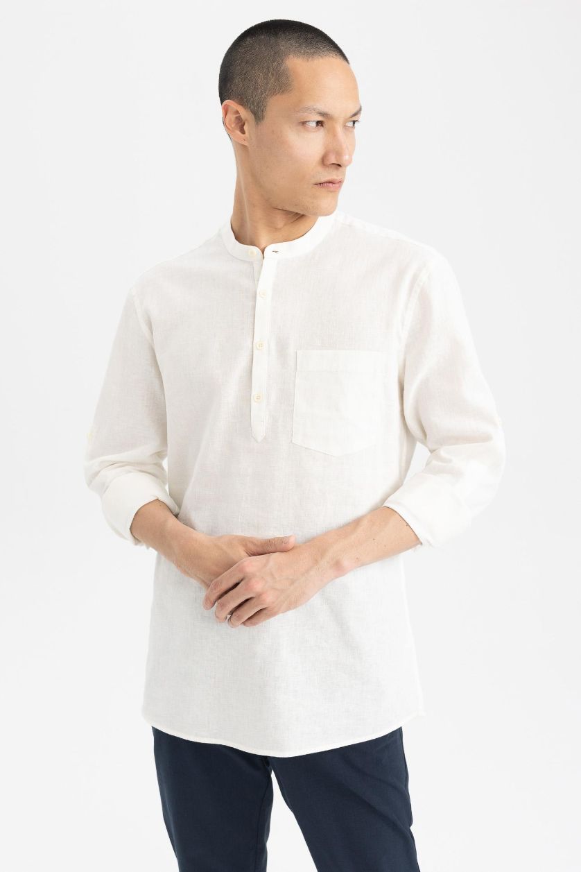 MAN White Slim Fit Dog Collar Cotton Long Sleeve Shirt