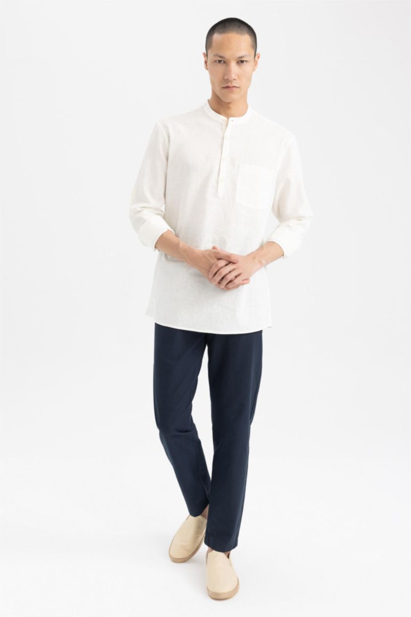 MAN White Slim Fit Dog Collar Cotton Long Sleeve Shirt